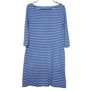 Garnet Hill Womens Sz 8 Shift Dress 3/4 Sleeve Knee Length Striped Blue White